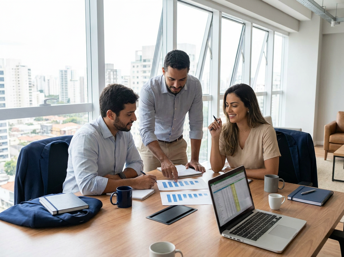 Equipe da HUB analisando relatórios financeiros